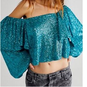 Free People Turquoise Sequin Off-Shoulder Crop Top